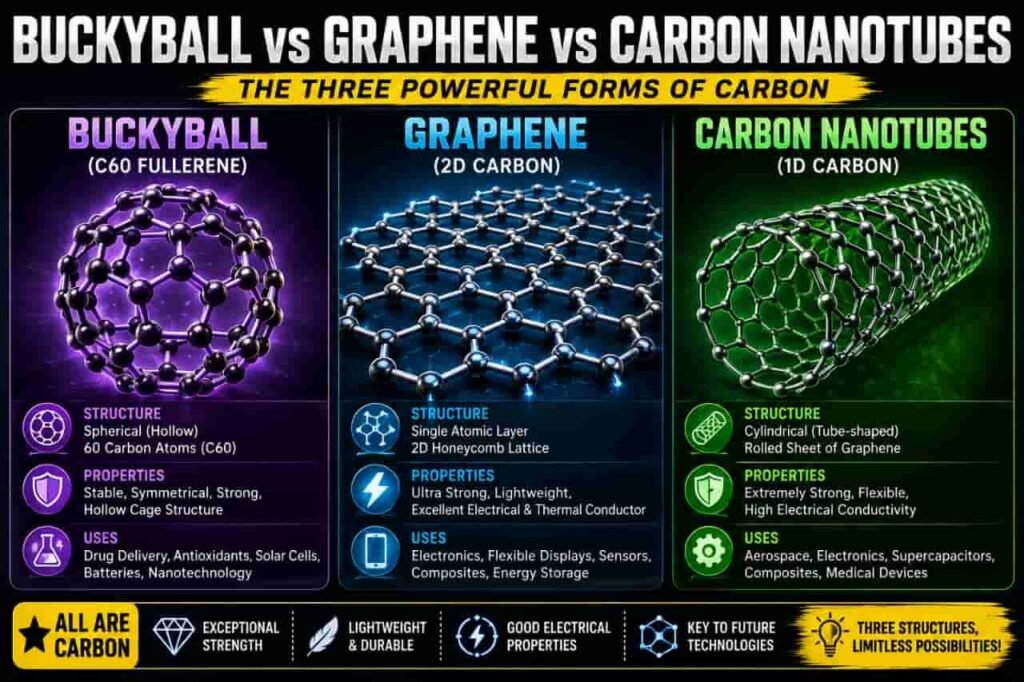Comparison of buckyball, graphene, and carbon nanotubes